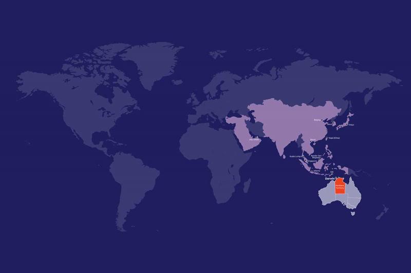 Map of the world showing Northern Territory's locations in relation to other Asian countries.